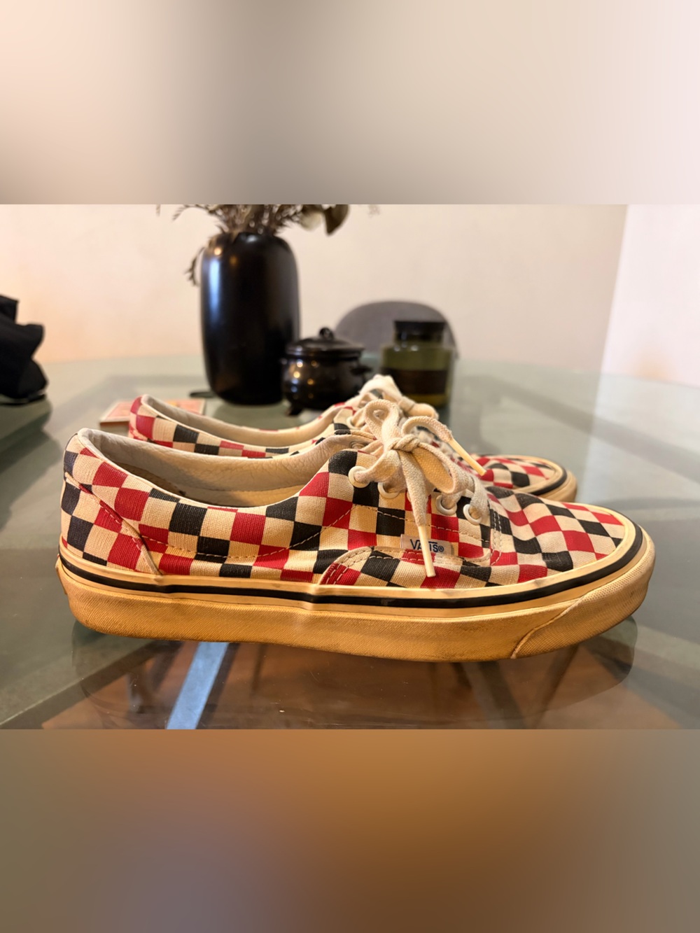 Vans Checkerboard Low-Top Sneakers in Red, Black & Cream